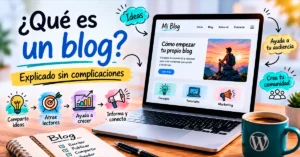 Imagen destacada sobre qué es un blog y para qué sirve, mostrando una laptop con un sitio web de blog y elementos creativos relacionados con creación de contenido y blogging.
