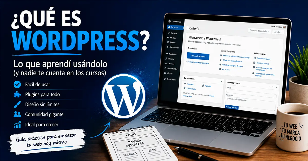 Imagen destacada sobre qué es WordPress mostrando el panel de administración en una laptop y una guía para principiantes sobre creación de sitios web.