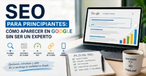 Guía SEO para principiantes mostrando posicionamiento en Google desde una laptop con estrategia de contenido y crecimiento web.