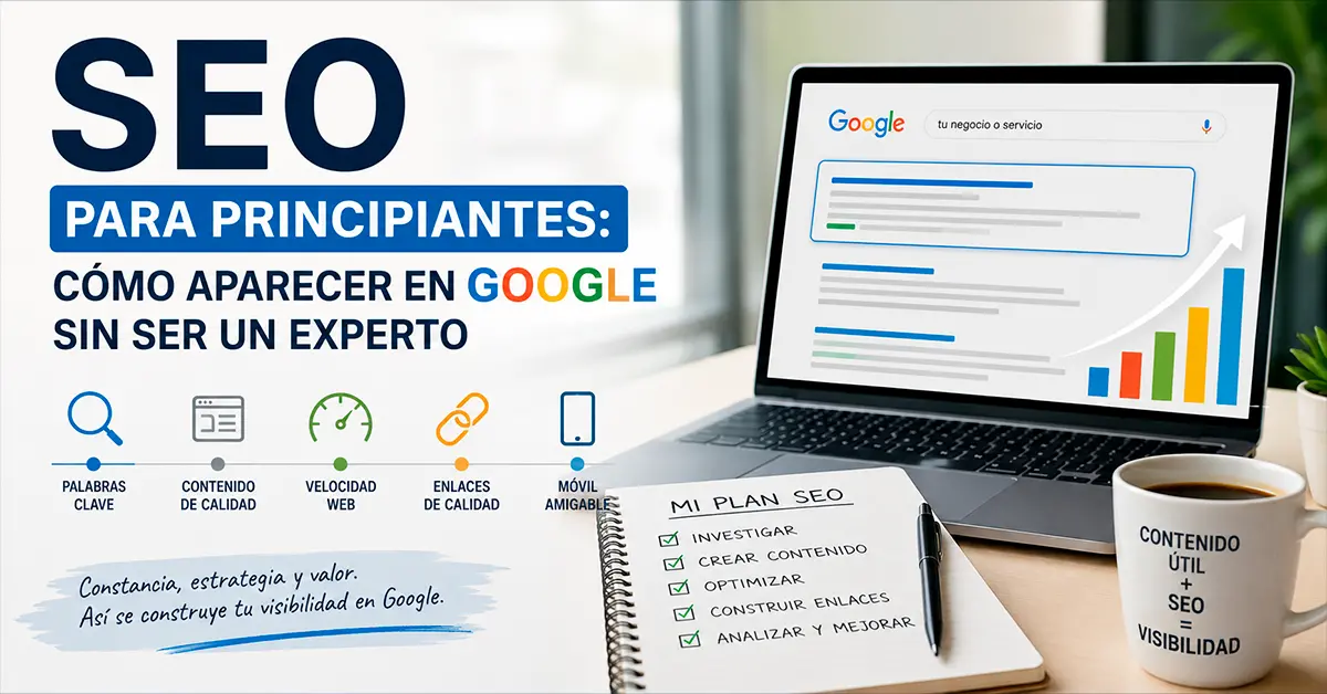 Guía SEO para principiantes mostrando posicionamiento en Google desde una laptop con estrategia de contenido y crecimiento web.