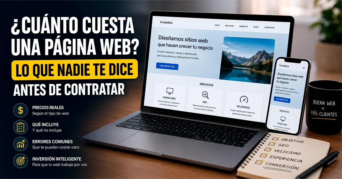 Comparación de costos y elementos incluidos en una página web profesional con diseño moderno optimizado para SEO y conversión