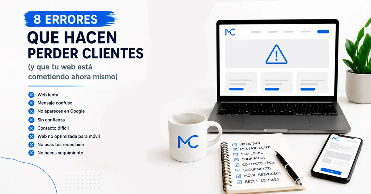 Errores que hacen perder clientes en una página web: velocidad lenta, mensaje confuso, falta de confianza y problemas de conversión.